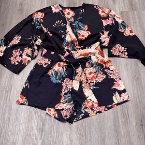 Black Floral Kimono Short Romper